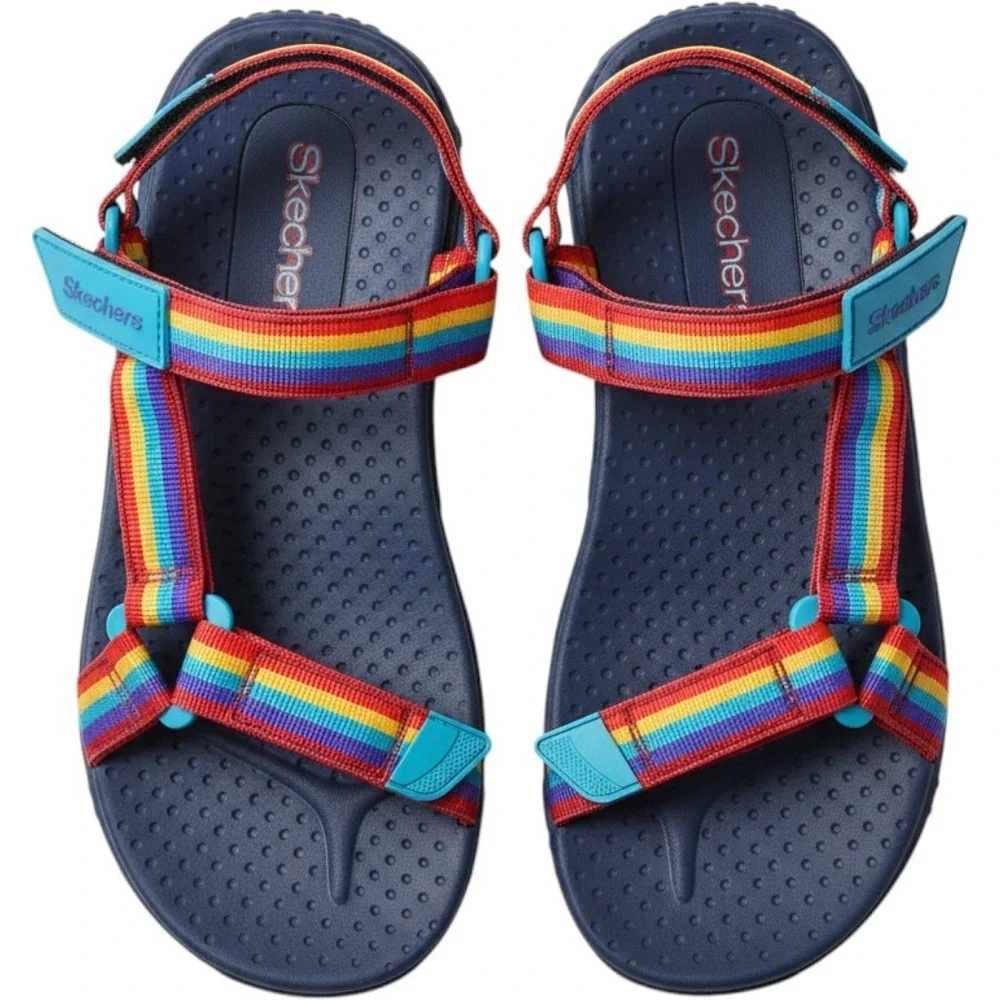 Skechers Kids Rainbow Striped Sport Sandals Navy Blue Strappy Adjustable